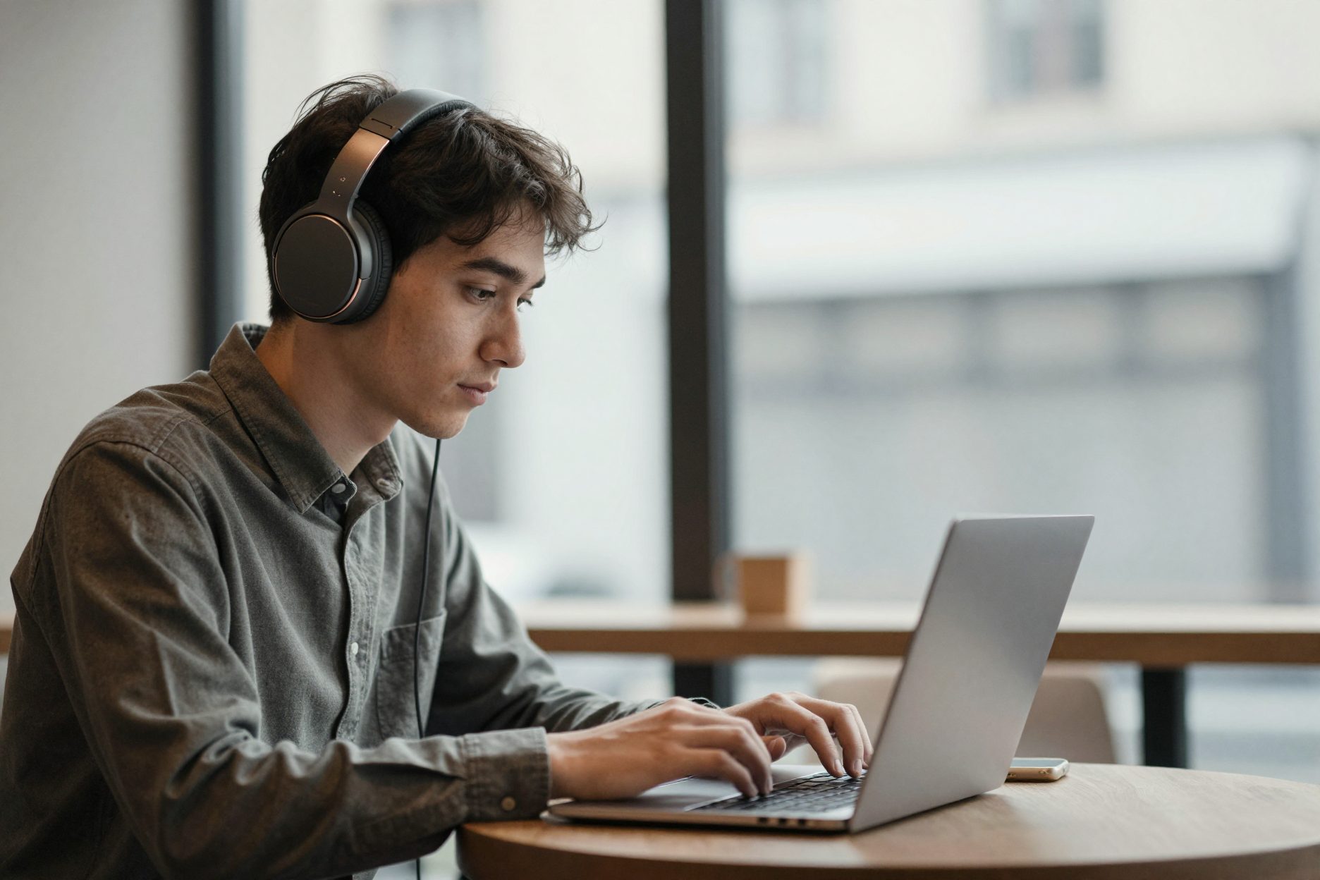 A young man wearing Norn One working on a laptop in a quiet café.