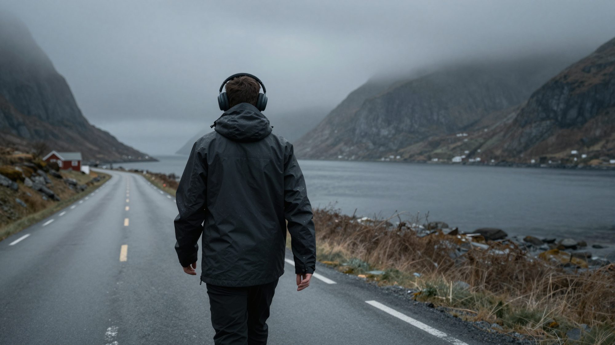 A person in a rain jacket wearing Norn One, walking along a windswept coastal road.