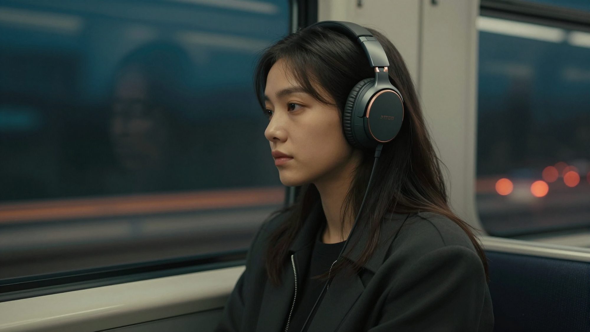 A woman wearing Norn One by the window of a night train, city lights streaking past.